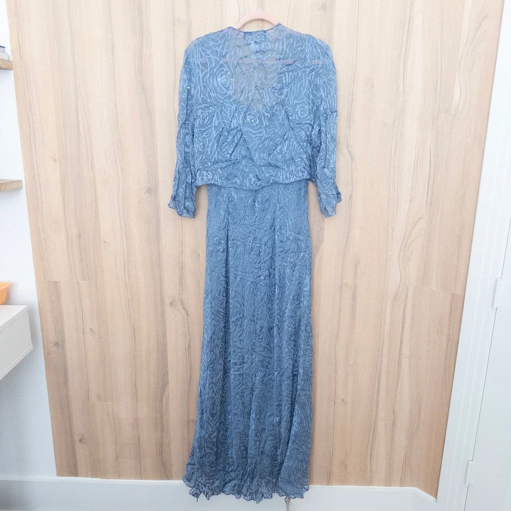 Alex Evenings Silk Dress Set 12 Blue 2 Piece Burnout Floral Formal Wedding Fairy